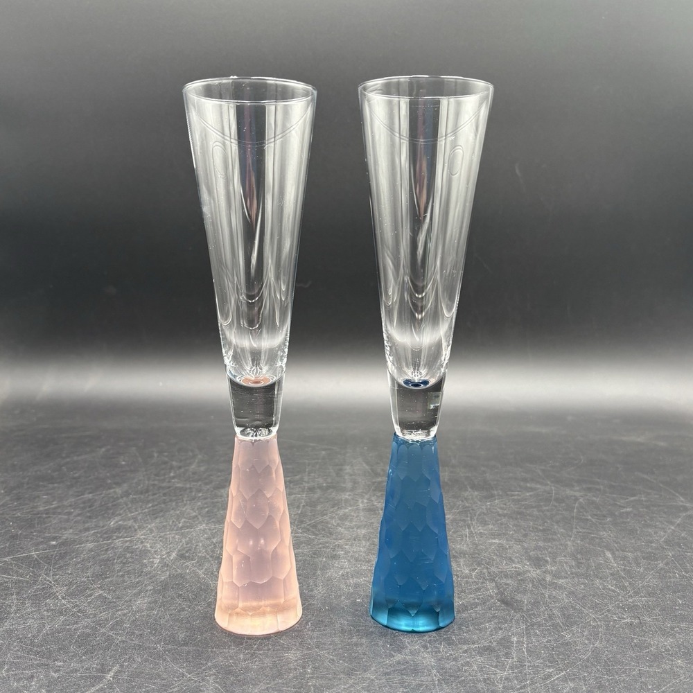 Artland Prescott Champagne Glasses Handblown Pair of Clear Blue &Pink Honeycomb